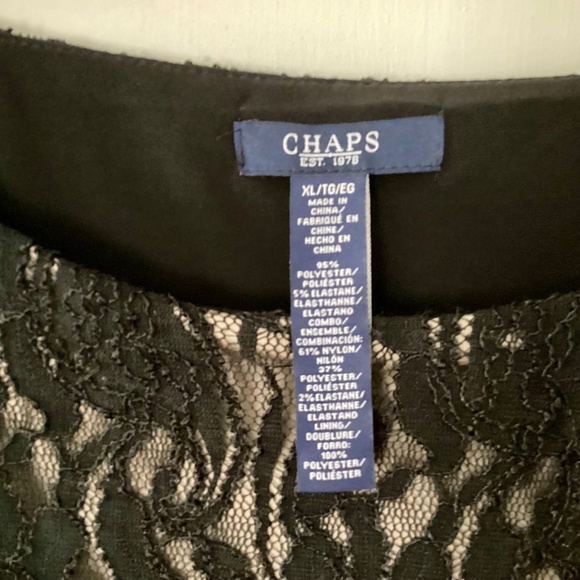 CHAPS Black party cocktail dress XL stretch sheath lace overlay Nude side Ruffle - Picture 6 of 12